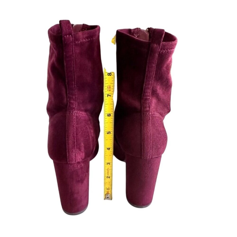 Burgundy Suede Ankle Booties With Front Zipper & Block Heels - Picture 8 of 13